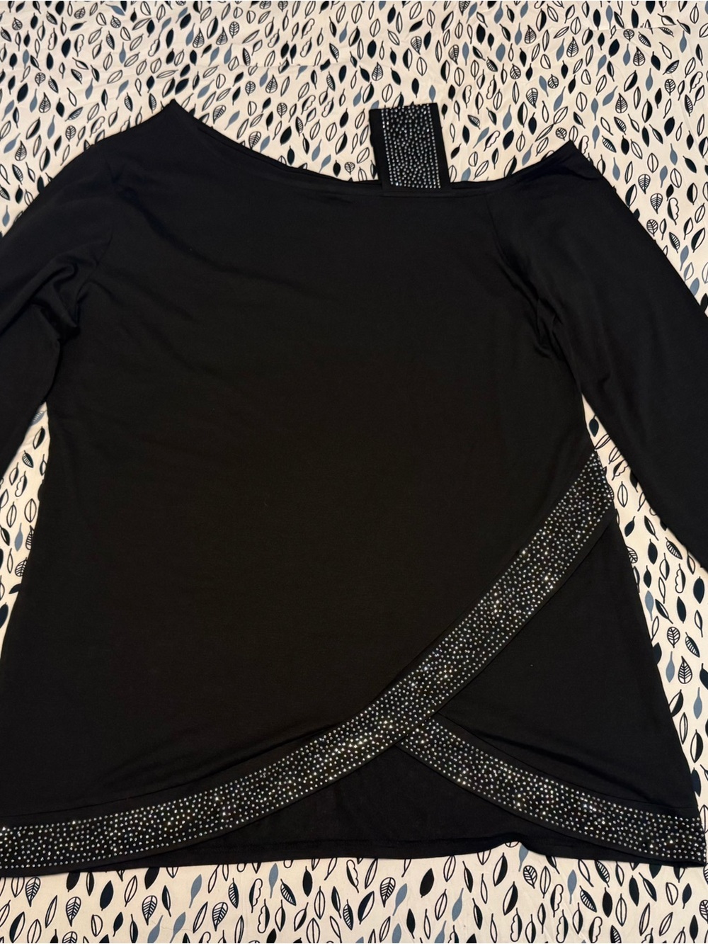 Crystal-Trim Black Long-Sleeve Top with Crossover Hem